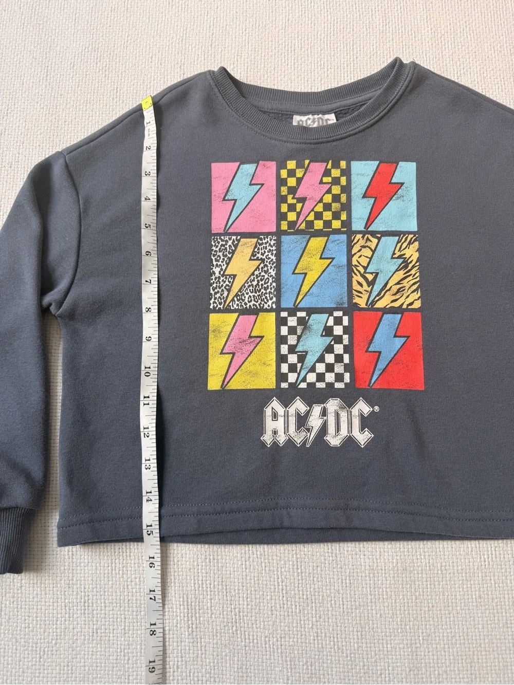 AC/DC Kids Dark Gray Cropped Sweatshirt with Multicolor Lightning Grid